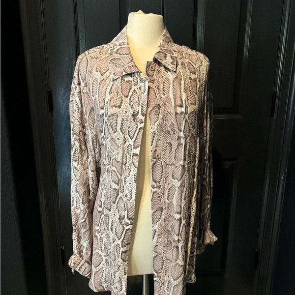 Ena Pelly Snake Print Button Down Shirt - Beige and Brown - Picture 1 of 3